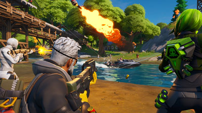  battle scene of the game Fortnite, in which multiple characters engage gun shooting near a forest lake, with a rocket flying in the air  